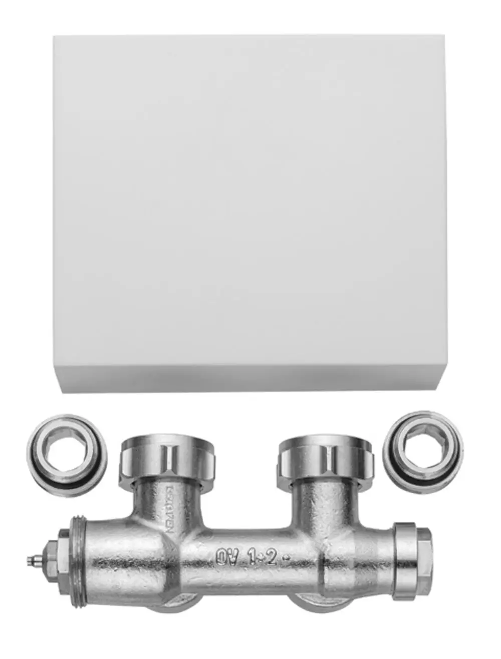 Kermi Ventilhahnblock Eckform Casteo mit Blende in RAL9016, zur Montage unter einem Heizkörper.